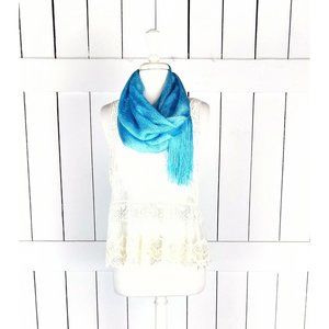 Metallic turquoise blue mesh open weave infinity fringe scarf